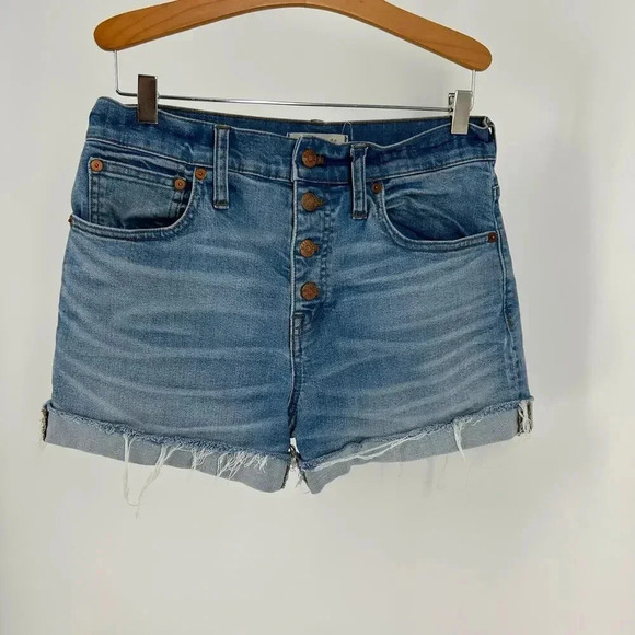 Madewell High Rise Denim Shorts Medium Wash Blue Cotton Raw Hem Cut Off Size 27 - Picture 3 of 7
